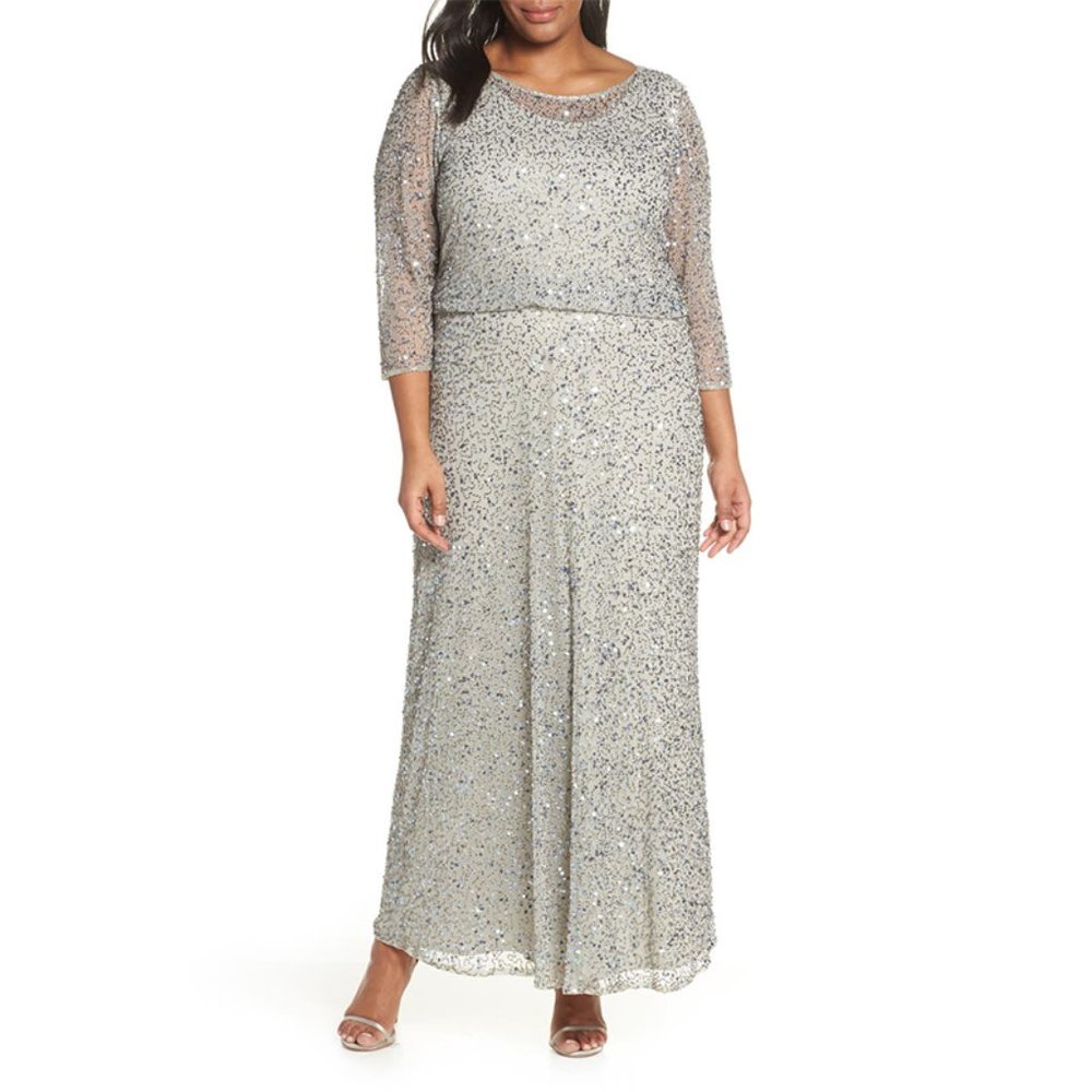 NWT Pisarro Nights Silver Sequin Blouson Beaded Dress Gown 14W